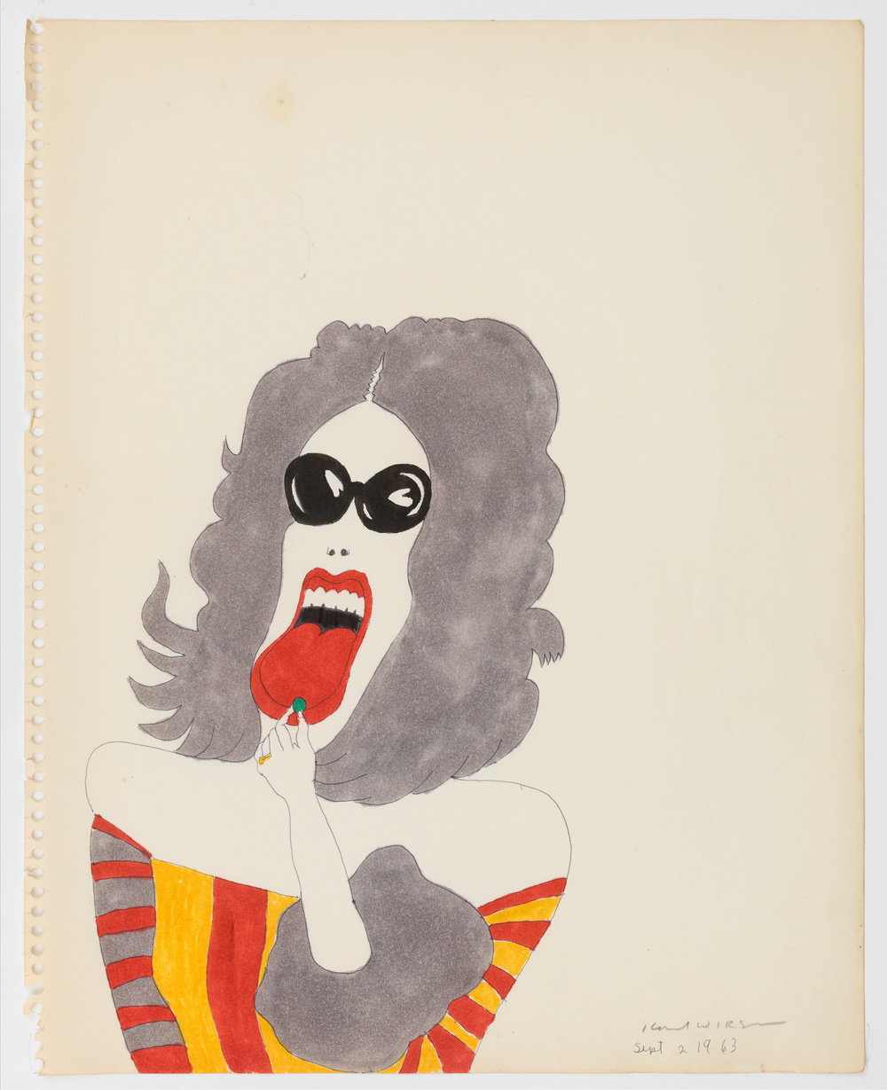 A color ink on paper drawing by Karl Wirsum of a grey-haired figure wearing dark sunglasses and a striped garment.They are sticking their tongue out and placing a small, round, green object onto it. 