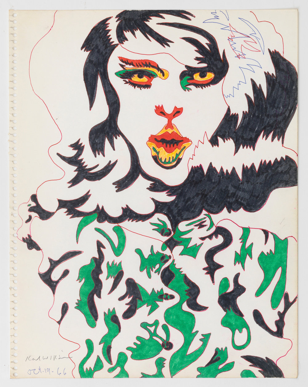A color ink on paper portrait of a long-haired figure by Karl Wirsum wearing a green and black patterned garment with multicolored eyes and mouth. 