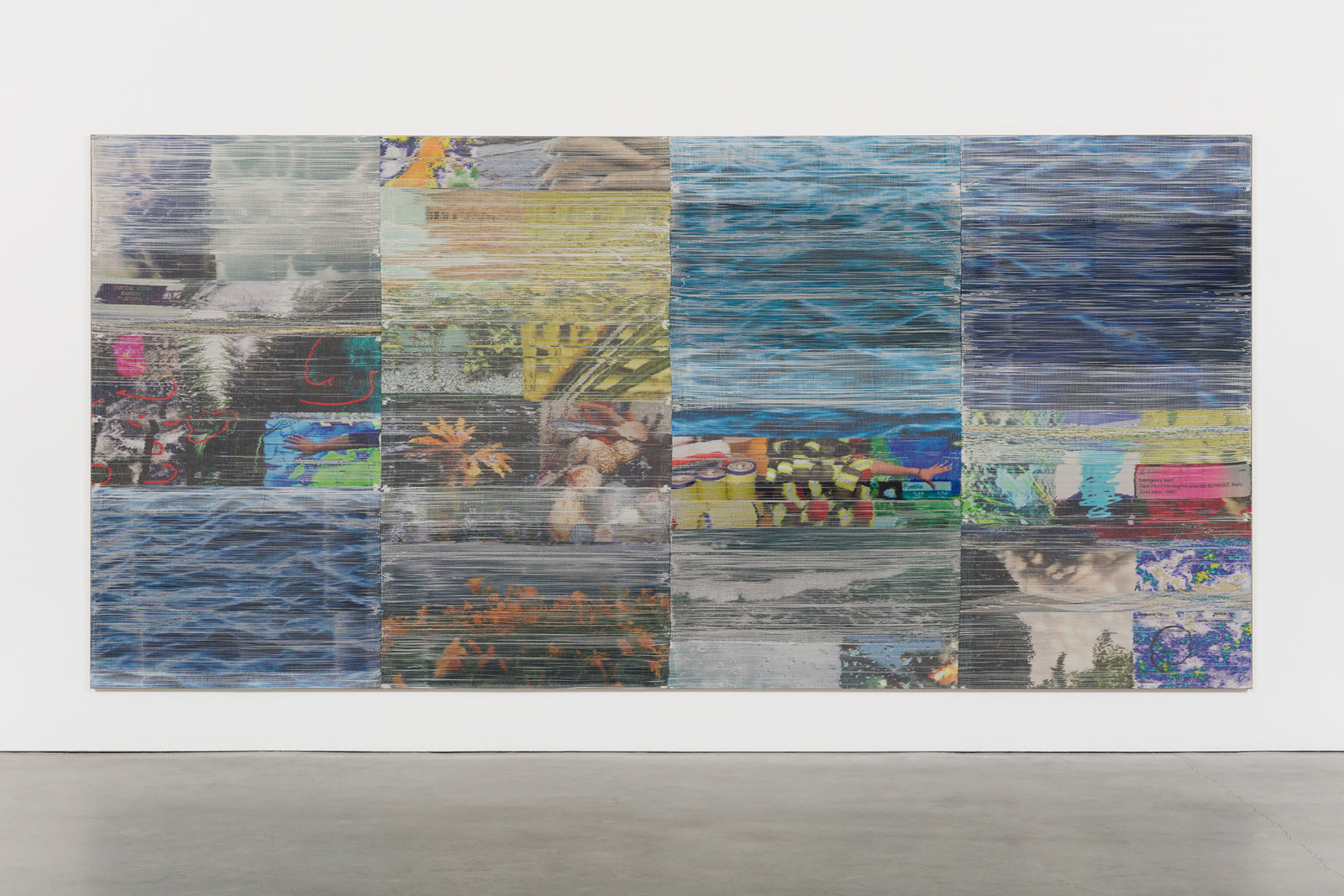 Wolowiec, still water, circling palms, 2018, handwoven polymer, linen, dye sublimation ink, acrylic dye, 90 x 188 in., 228.6 x 477.5 cm, cnon 60.240 courtesy pierre le hors