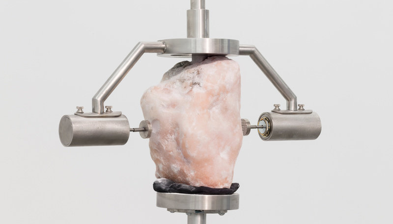 Bašić, a thousand years ago 10 seconds of breath were 40 grams of dust #2 (detail 2), 2017, stainless steel, force, pink alabaster, time, silk, cushioning, dust, electromagnetic linear actuators, micro controller, 126 x 19 x 7 in., cnon 59.123