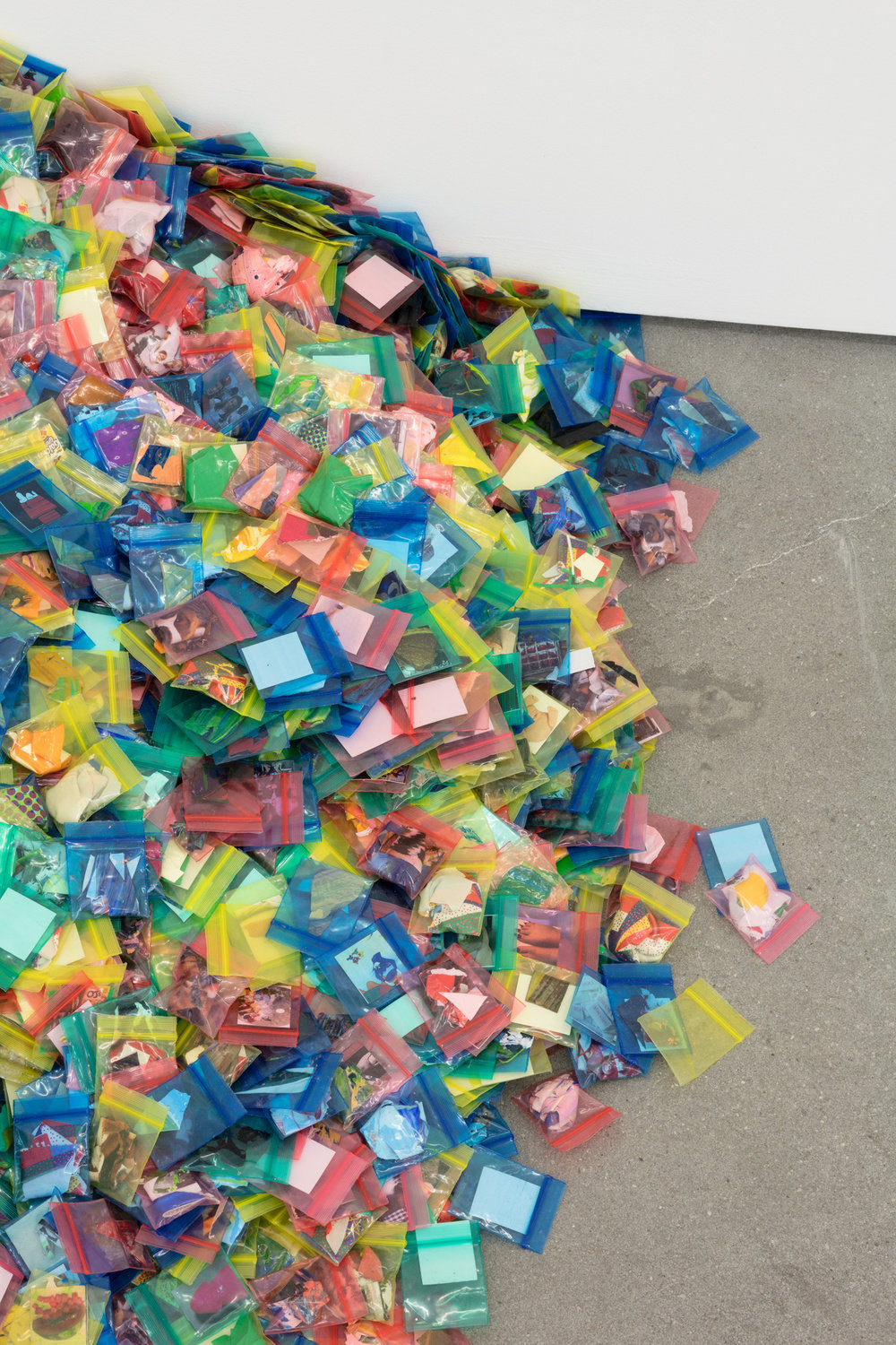 Strother, appropriation part 18 reperations installment 1 (wheres my 40 acres land) (detail 1), 2017, plastic bags, dry paint, inkjet paper, fabric, dimensions variable, cnon 59.445