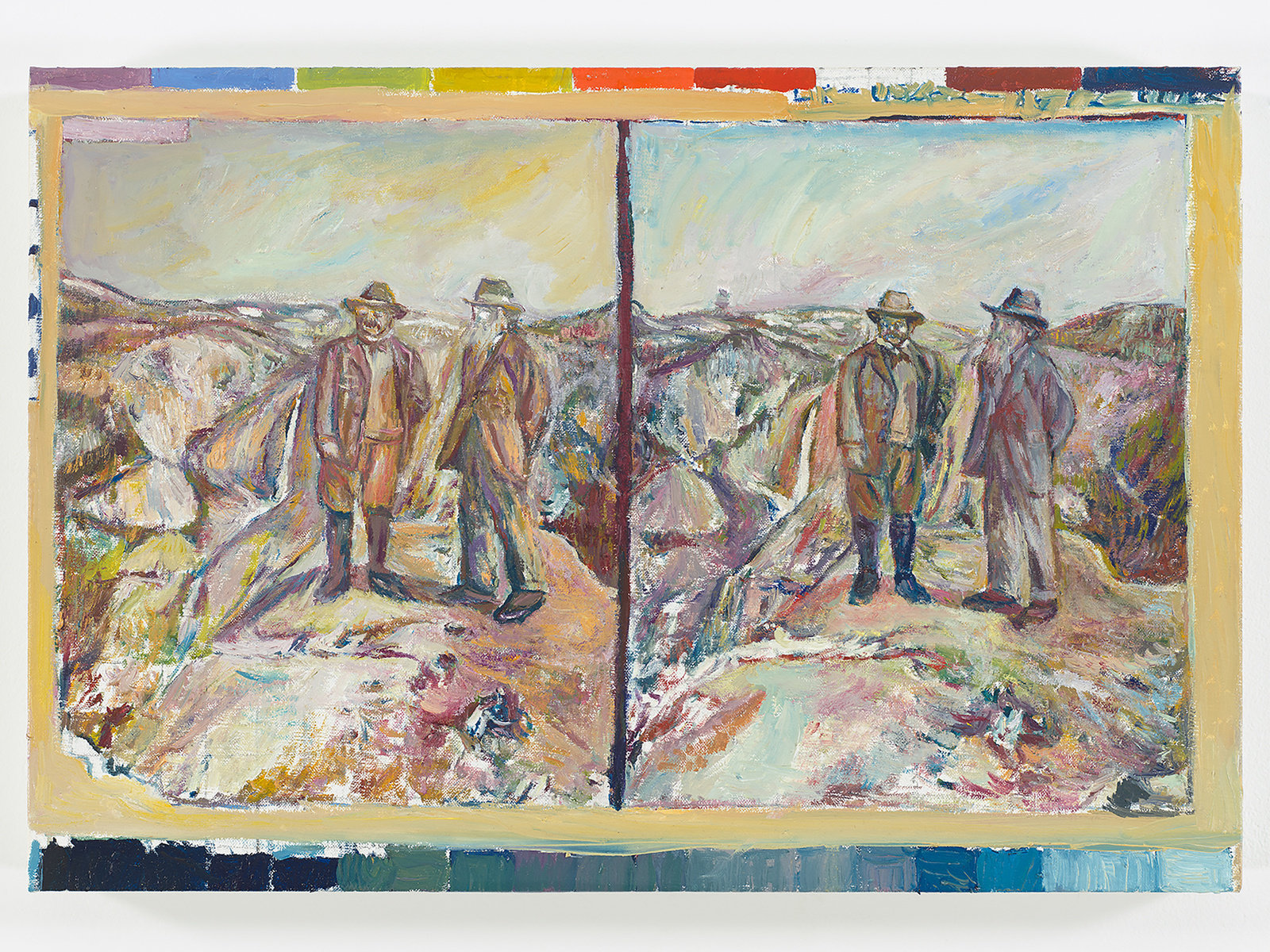 Mayerson, theodore roosevelt and john muir on glacier point, yosemite valley, california in 1903, 2017, oil on linen, 13.5 x 20 in., 34.3 x 50.8 cm, cnon 59.448