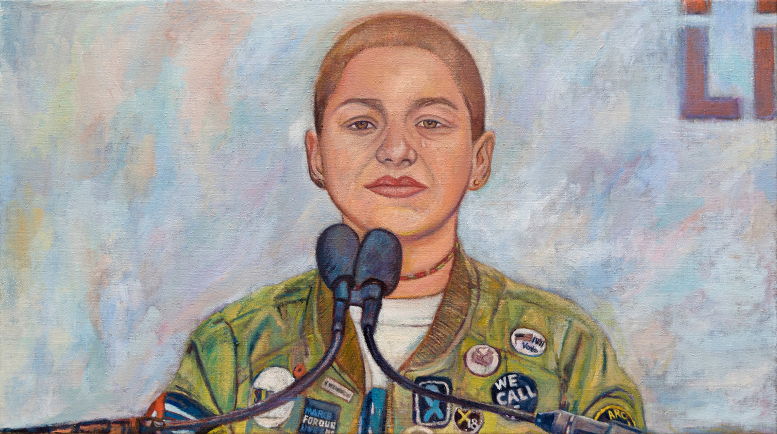 Mayerson, emma gonzalez, march for our lives, 2018, oil on linen, 20 x 36 in., 50.8 x 91.4 cm, cnon 60.611