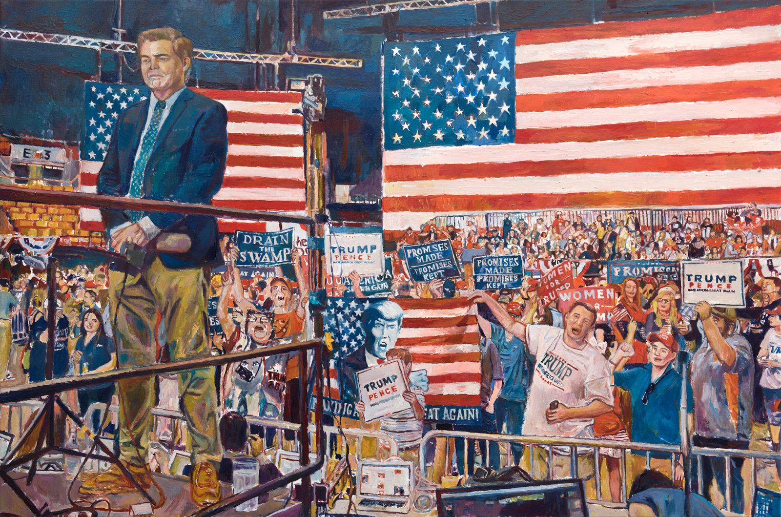 Mayerson, cnn vs. trump (jim acosta at a rally at the nashville municipal auditorium, may 29, 2018, from a photo by drew angerer), 2019, oil on linen, 36 x 55 in., 91.4 x 139.7 cm, cnon 60.615
