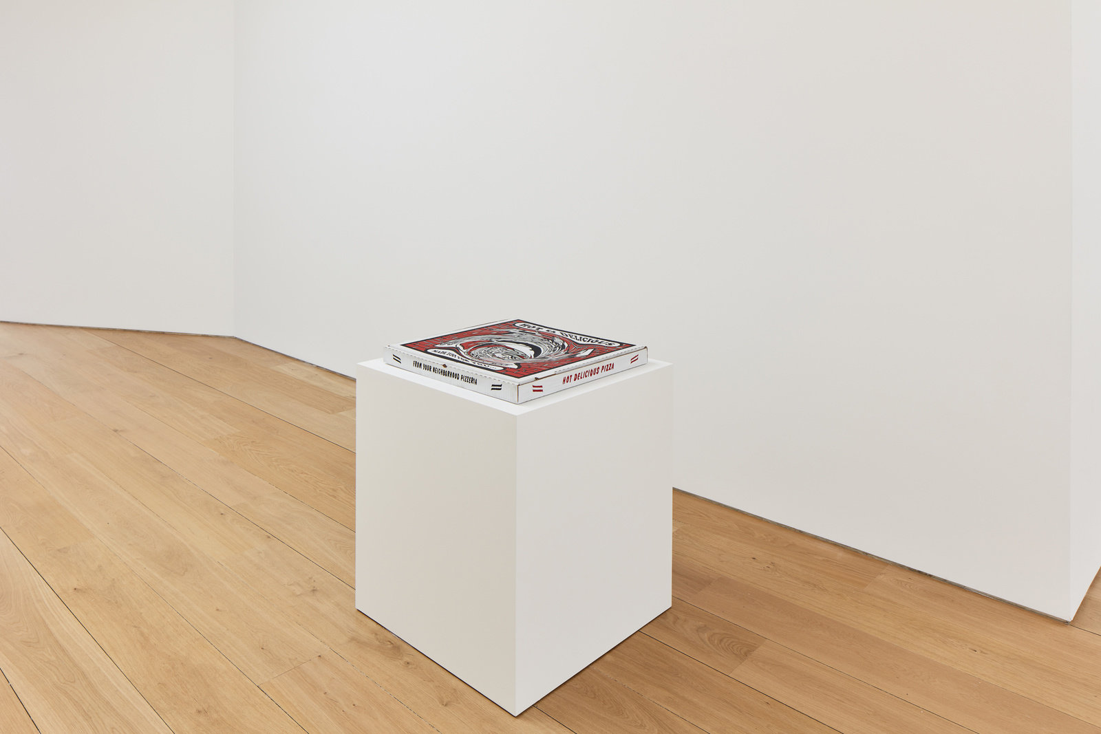 Johnson, black hole pizza box (installed), 2018, carved wood with paint, 26 x 25 1 4 x 5 in., 66 x 64.1 x 12.7 cm, cnon 59.829