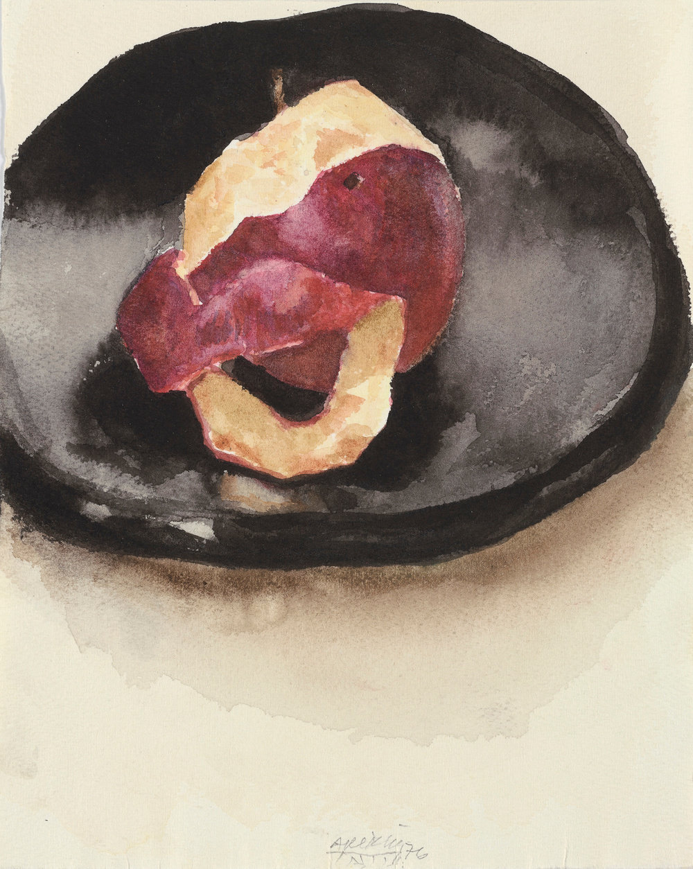 Arikha, apple, half peeled on a black plate, 1976, watercolor on paper, 9 7 16 x 7 1 2 in