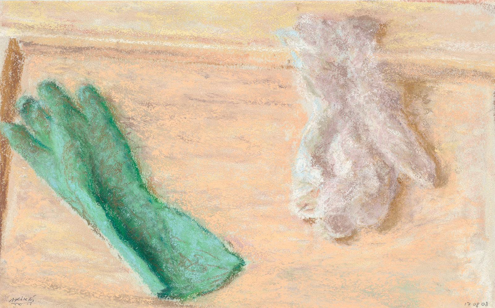 Arikha, green and white gloves, 2008, pastel on paper, 8 5 8 x 13 7 8 in