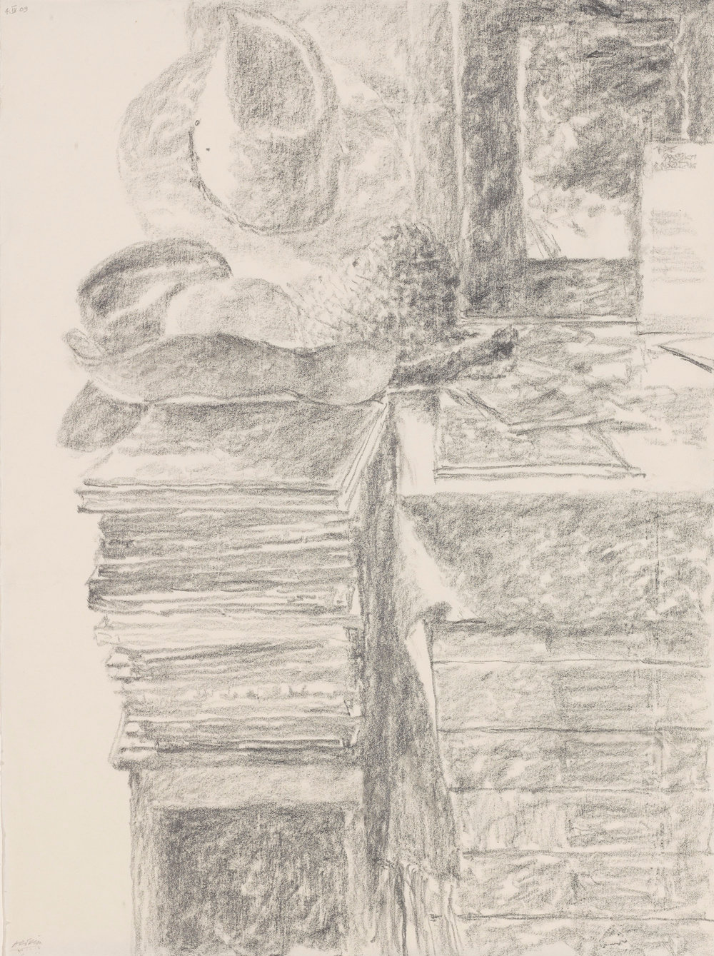 Arikha, hats placed on a pile of books, 2009, graphite on paper, 27 1 4 x 20 1 8 in