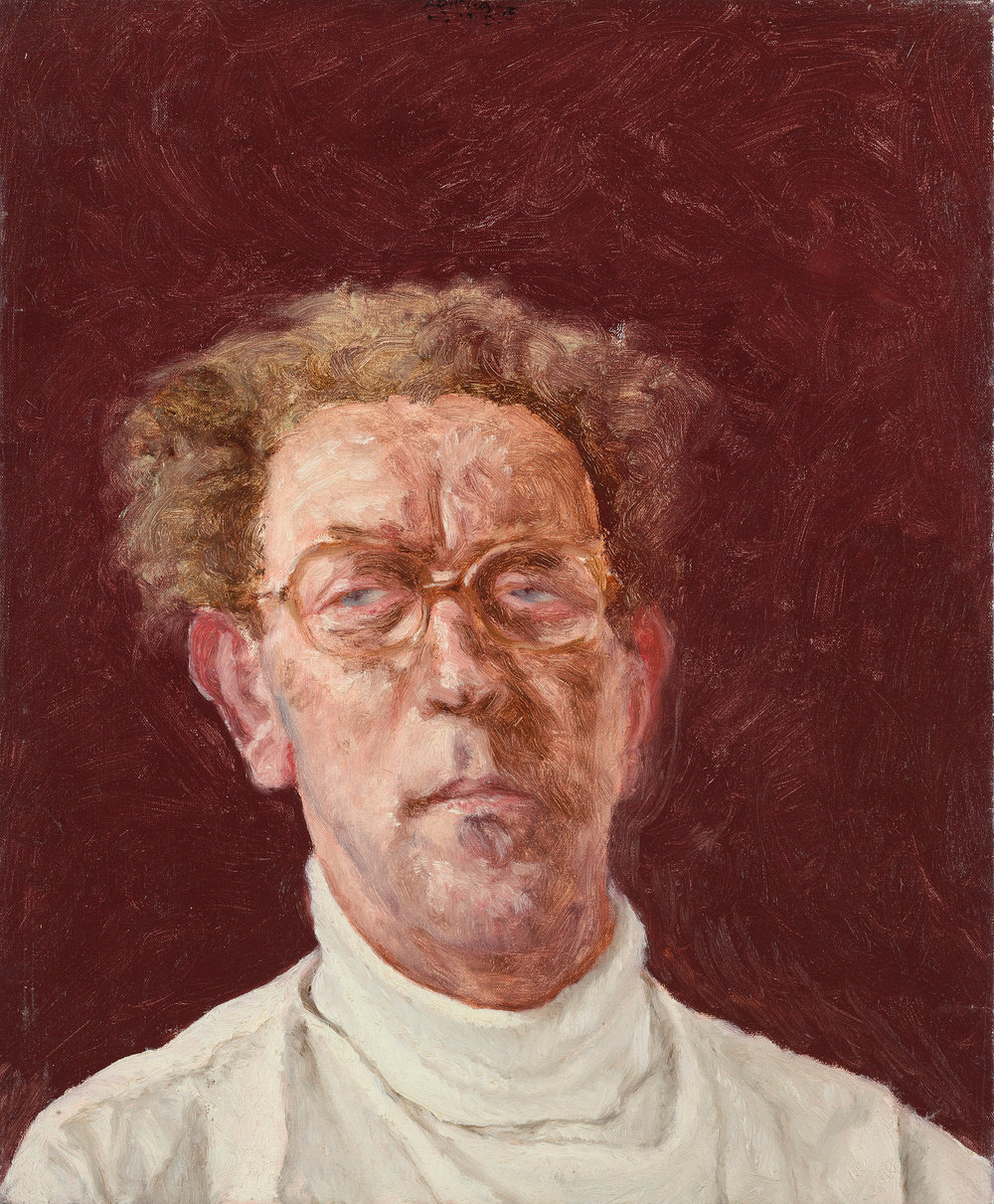 Arikha, self portrait in a white turtleneck, 1975, oil on canvas, 18 1 8 x 15 in