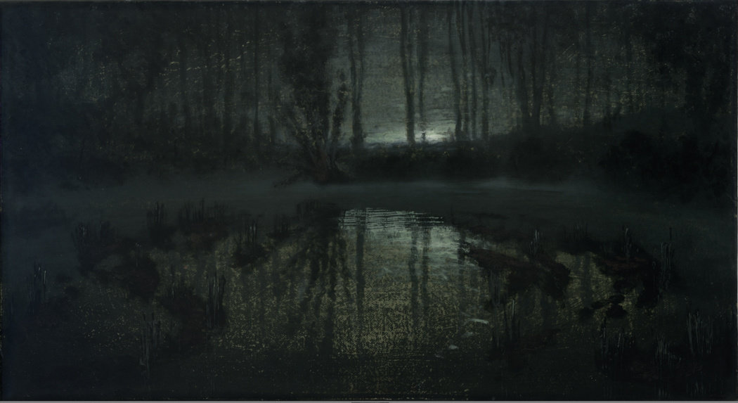 Hannock, waiting for ophelia, emerald nocturne (mass moca #258) (email), 2016, polished oil on canvas, 9 3 4 x 17 7 8 in., non 58.228