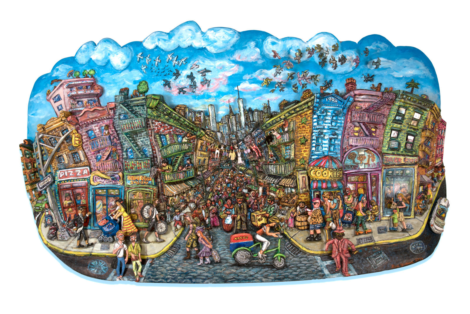 Grooms, little italy meets nolita, 2016, acrylic, mixed media, and epoxy mounted on wood, 45 x 72 x 8 in., non 58.578