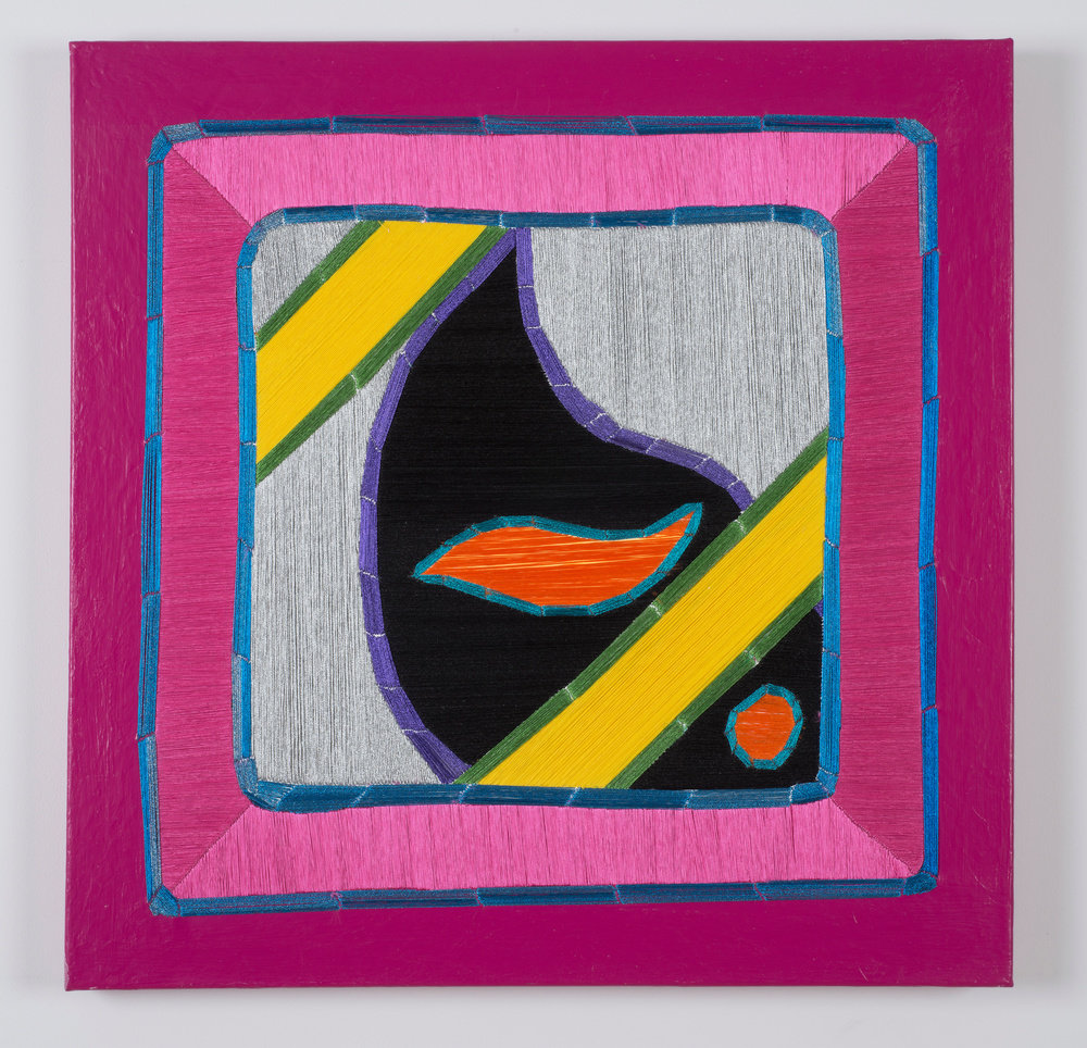 Cox, african pink i (installation view), 2012, acrylic paint and thread on canvas, 24 x 24 in