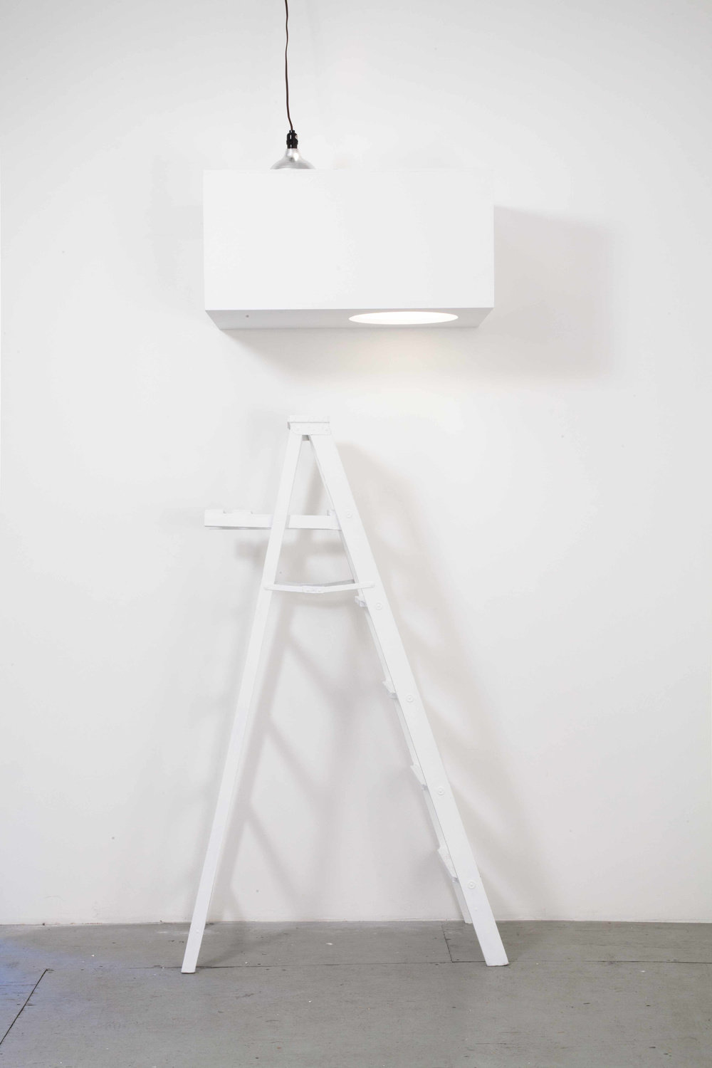 Riepenhoff, the john riepenhoff experience presents   sea horse ecstasy switch by niall macdoanal (from left to right) credit card sea urchin pipe light switch, 2013, wood, ladder, paint and light, 103 x 34 x 18 in. non 54.182