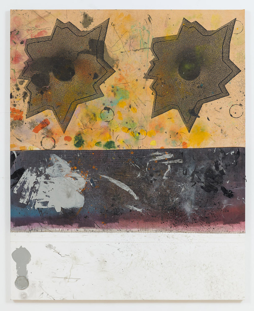Lowman, (tbt   double stitched bullethole), 2013, oil, silkscreen ink, dirt, tape, enamel and dental floss on canvas, 78 x 63 in. 198.12 x 160 cm