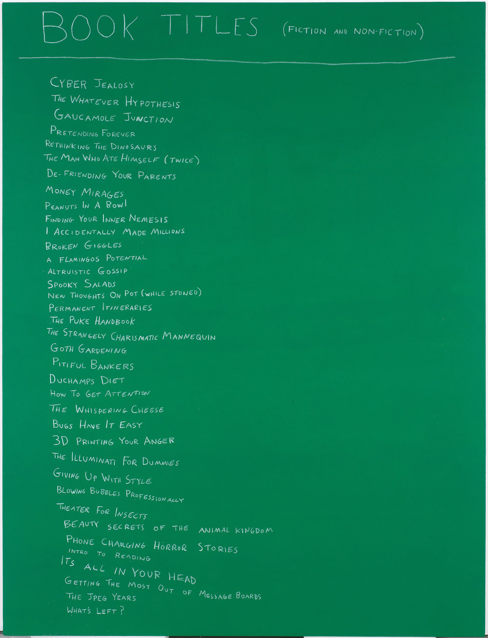 Reeder, book titles (fiction and non fiction), 2015, wax pastel and acrylic on canvas, 64 x 48 in. 162.56 x 121.92 cm cnon 56.285 photo credit bill orcutt