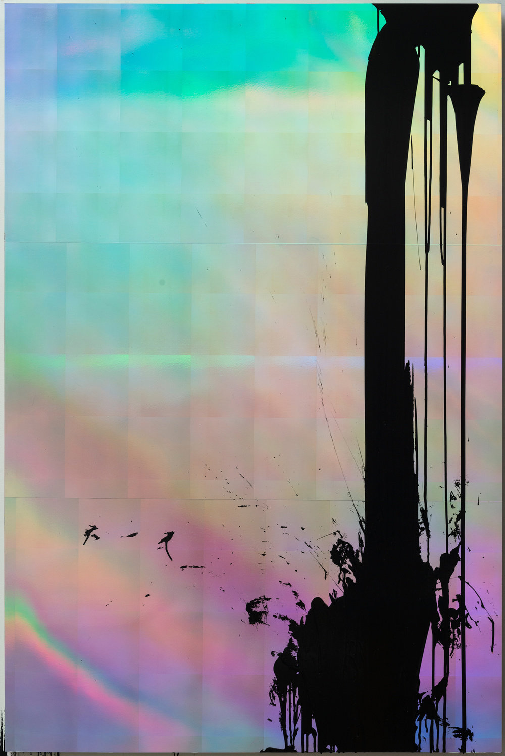 Strother, i got a barnett newman all over my holograms (view 1), 2014, hologram mylar, mounted on acrylic sheet, poly glue, water based vinyl paint, 48 x 72 in. 121.92 x 182.88 cm