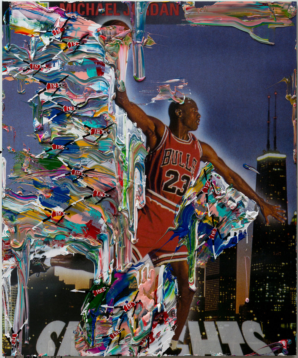 Strother, i got a kelley walker all over my mj's (air walker part.2) the problem continues, 2014, ink jet, air brush, acrylic, oil varnish, painted paper on birch panel, 60 x 72 x 2 in. 152.4 x 182.88 x 5.08 cm