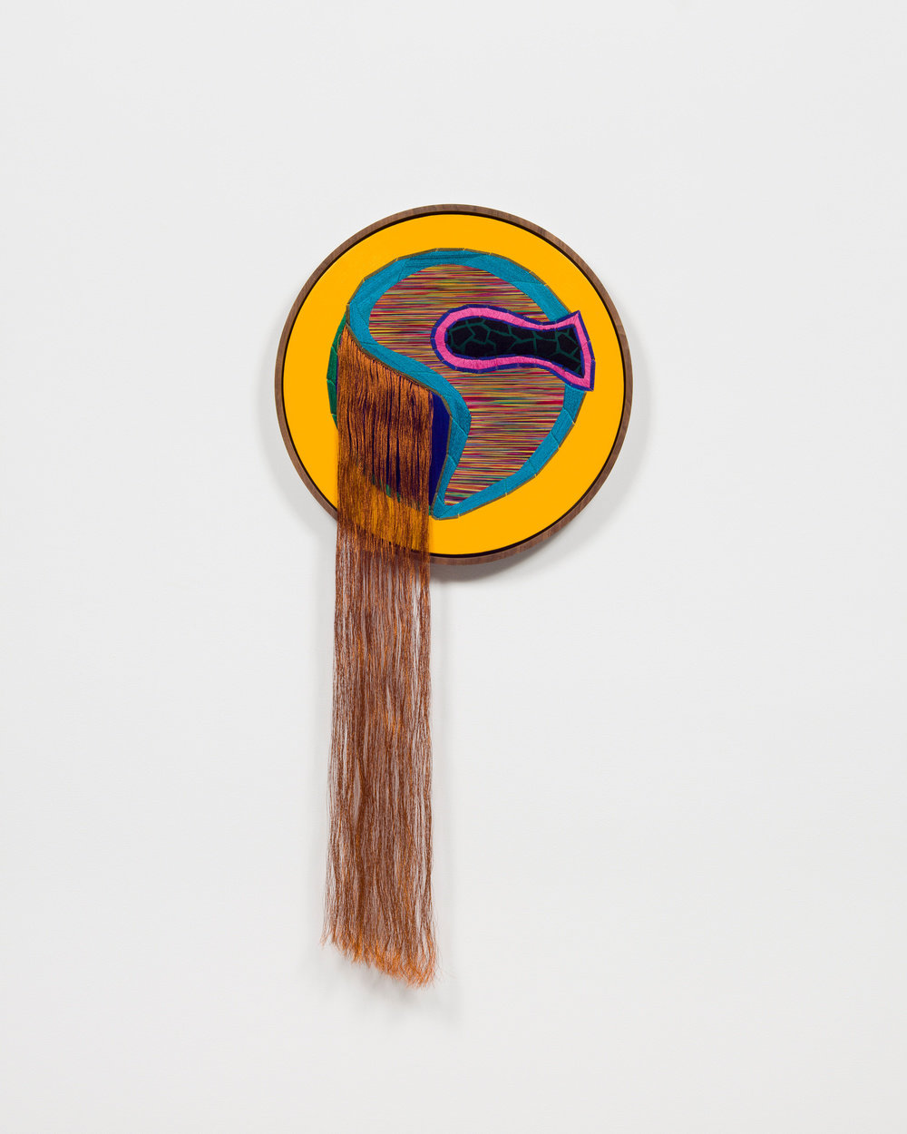 Cox, memory gongs, 2016, thread, fabric, poly stuffing, acrylic on canvas in oak frame, diameter 24 in., 60.96 cm, cnon 58.476