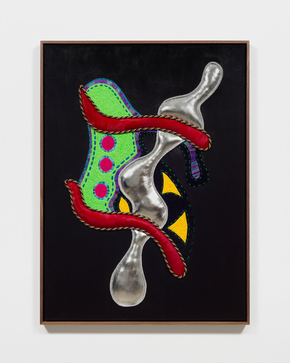 Cox, flip fucking, 2019, thread, acrylic, pony skin, suede, twisted lip cord, leather on canvas in oak frame, 50 1 2 x 37 1 2 in., 134.6 x 104.1 cm, cnon 61.477