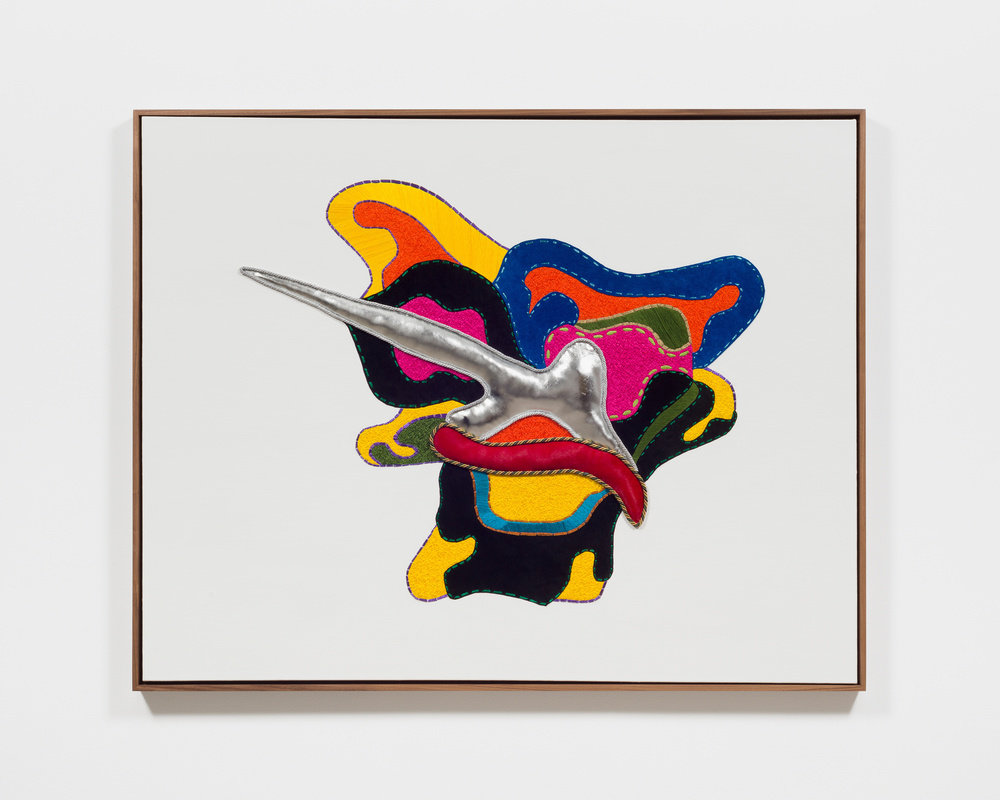 Cox, uni corned horned, 2019, thread, acrylic, metallic leather, pony skin, twisted lip cord, poly stuffing on canvas in oak frame, 49 1 2 x 62 1 2 in., 125.73 x 158.75 cm, cnon 61.483