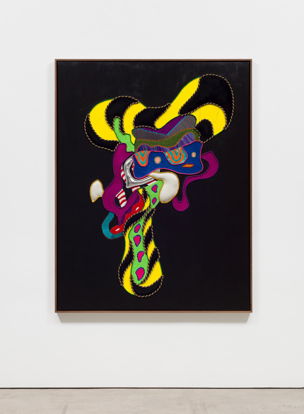 Cox, shadow taser, 2019, thread, acrylic, suede, lamb leather, twisted lipcord, poly stuffing on canvas in oak frame, 73 1 2 x 57 1 2 in., 186.69 x 146.05 cm, cnon 61.484