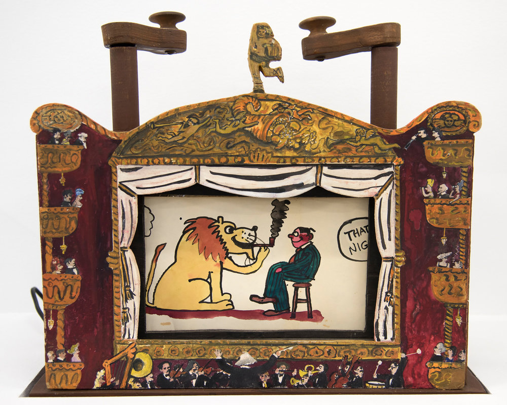 Grooms, catnipped, 1965, oil painted wood box, paper movie, 14 1 2 x 17 x 5 in., 36.8 x 43.2 x 12.7 cm, cnon 60.420