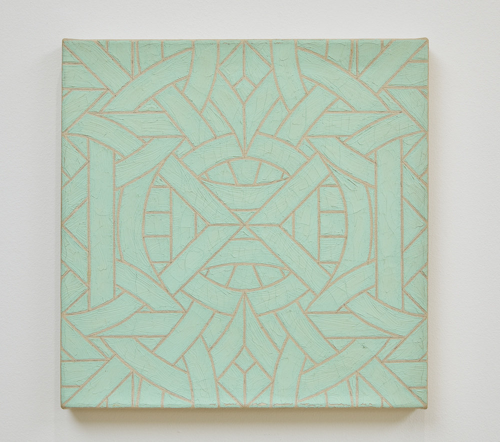 An abstract, square, blue-green oil on linen painting by Valerie Jaudon. 