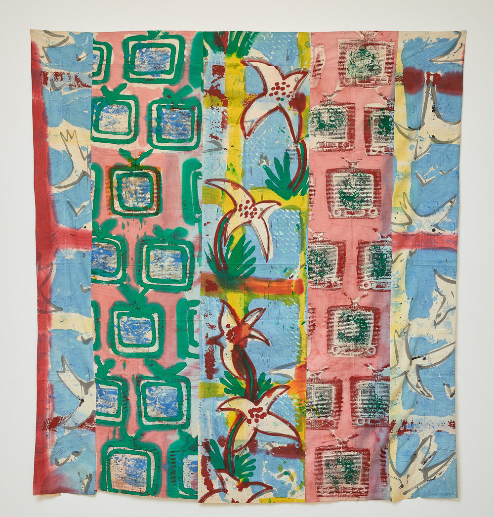 A multi-colored, acrylic on cotton work with various patterns by Kim MacConnel. 