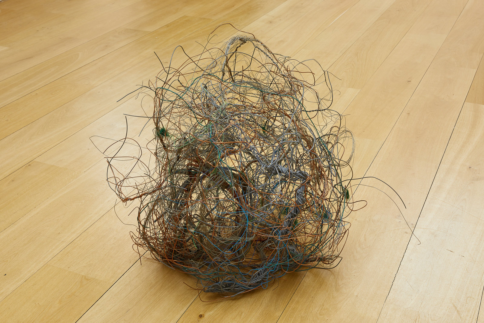 A round, nest-like, metal wire sculpture by Alan Saret is displayed on the floor. 