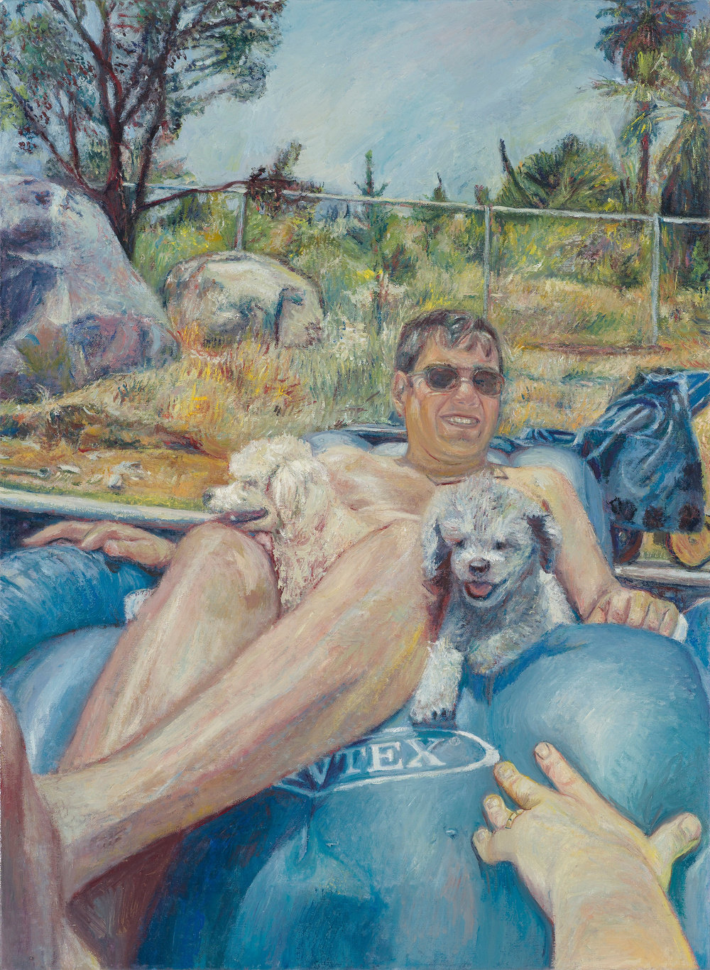Mayerson, andrew and the pups in the pool, 2011, oil on linen, 30 x 22 in. 76.2 x 55.88 cm cnon 56.559