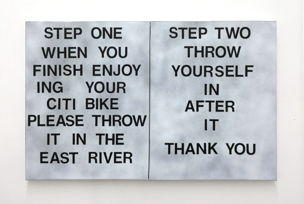 Fitzpatrick, leo, bikes in bag bag in river, 2014, acrylic and spray paint on canvas, each 22 x 14 in.  55.88 x 35.56 cm cnon 54.940