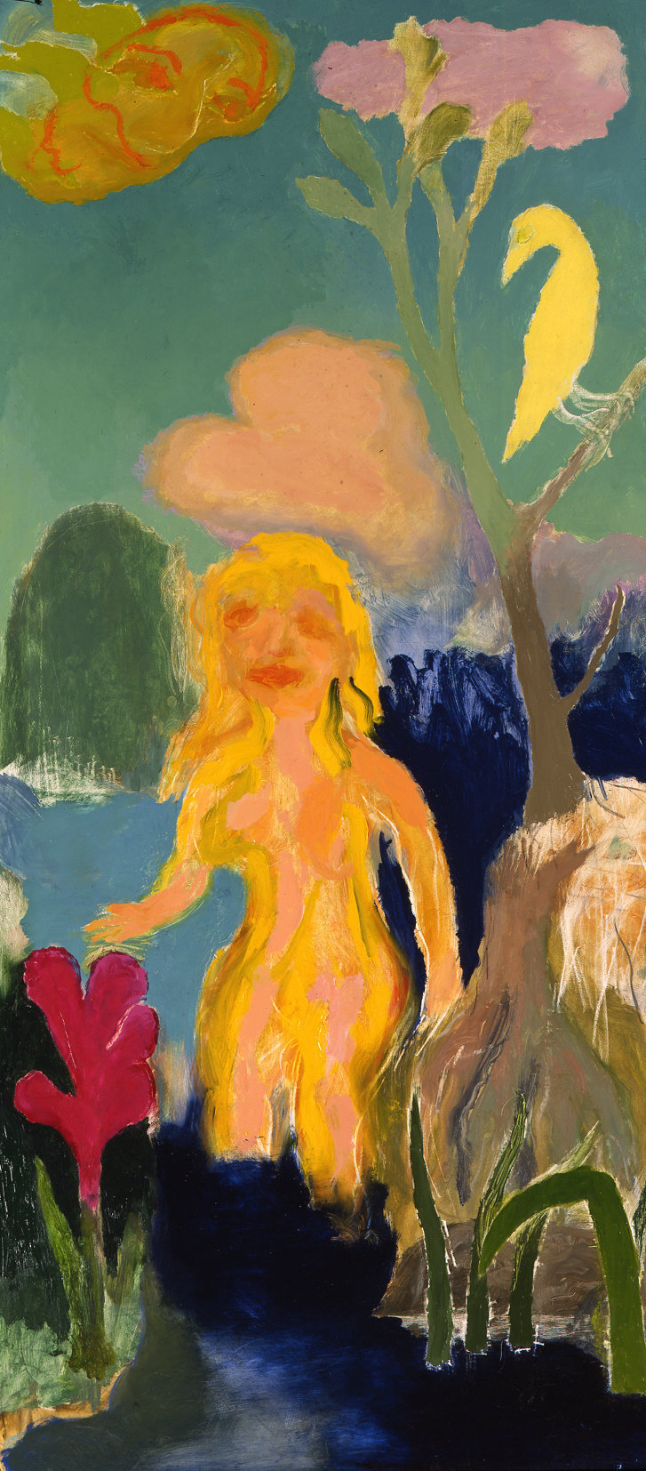 Kiff, woman standing in sea with crimson, flowers and pale yellow bird, 1991, oil on board