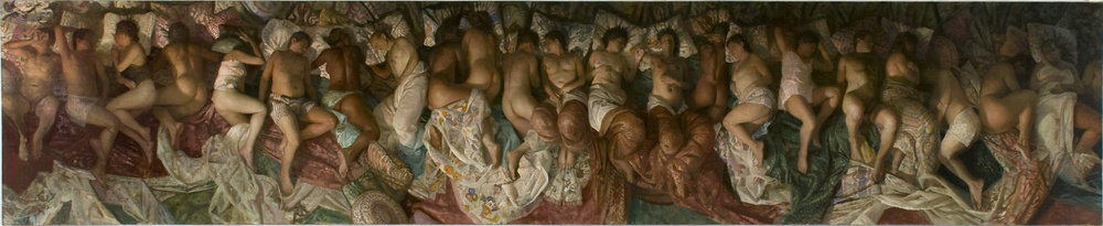 a group of people, see from above, all sleeping in different positions