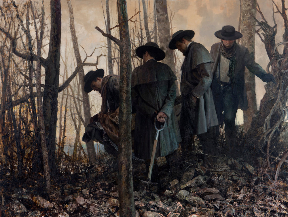 four men traverse a barren forest at twilight