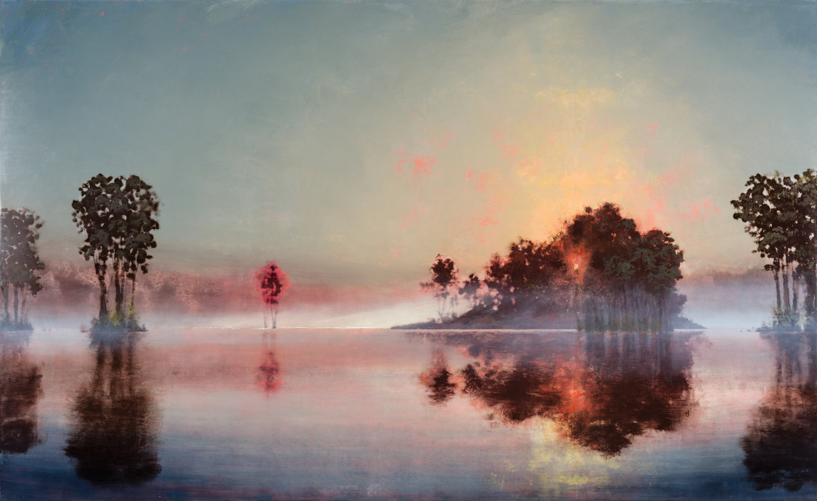 Hannock, flooded river with red maple (mass moca #241), 2016, polished oil on canvas, 44 1 8 x 72 x 1 3 8 in, non 57.725
