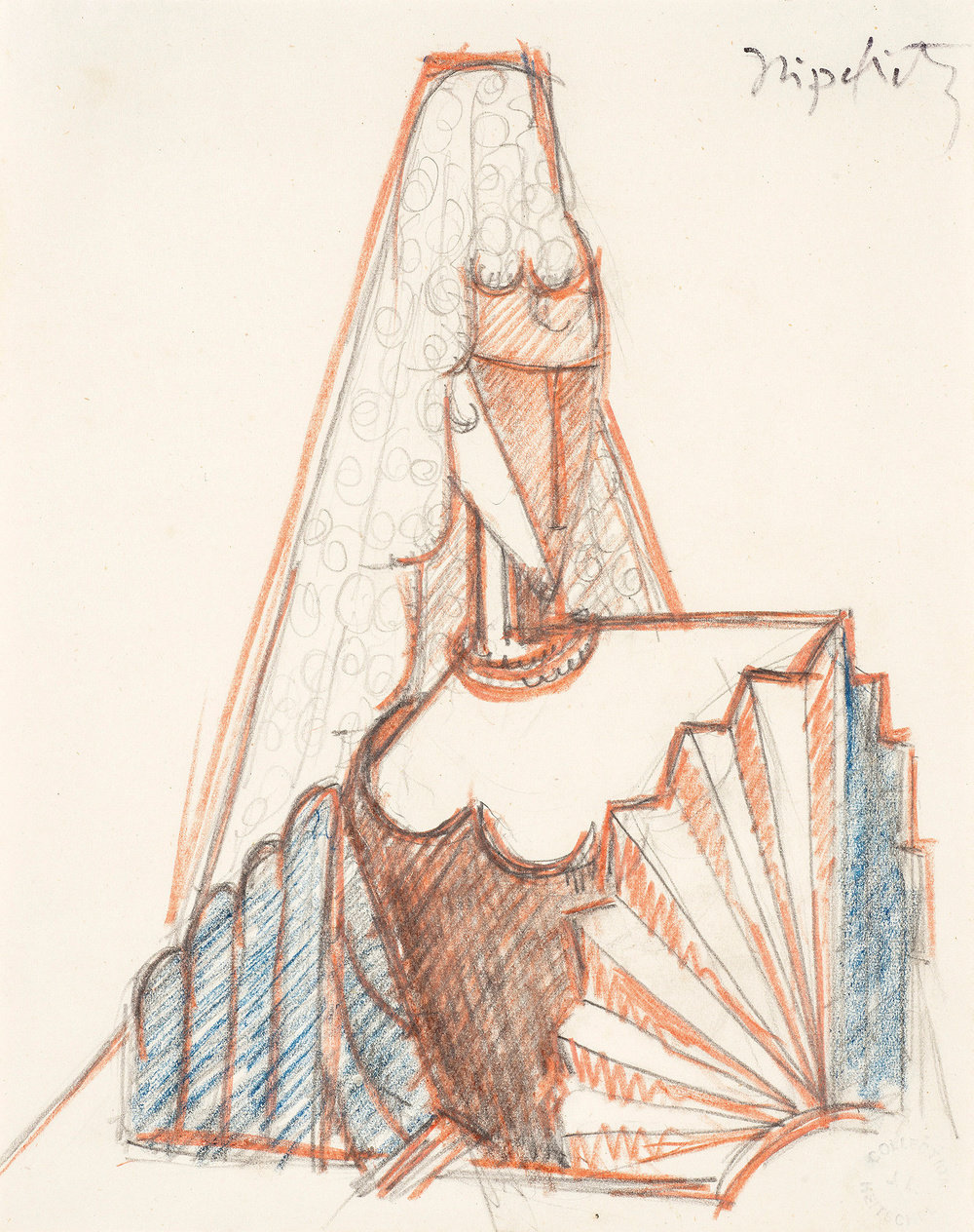 Spanish woman with fan, 1914, pencil and colored crayon on paper, 8 x 6 1 4 in, nos 46 995