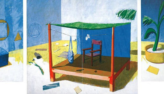 triptych of blue room, a makeshift stage platform in the center with toys scattered within