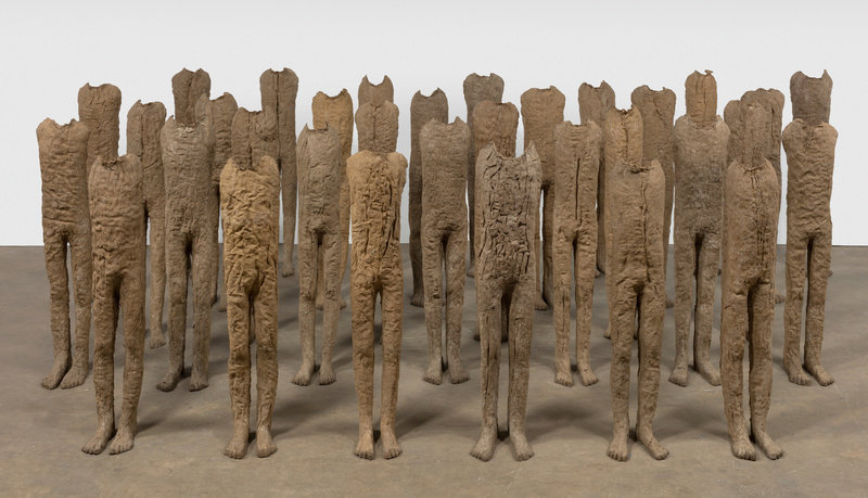 Abakanowicz, group infants (33 figures) (view 1), 1992, burlap and resin, each figure approx 55 1 8 x 11 1 2 x 11 3 4 in., 140 x 29.2 x 29.9 cm, non 32.725 lance brewer