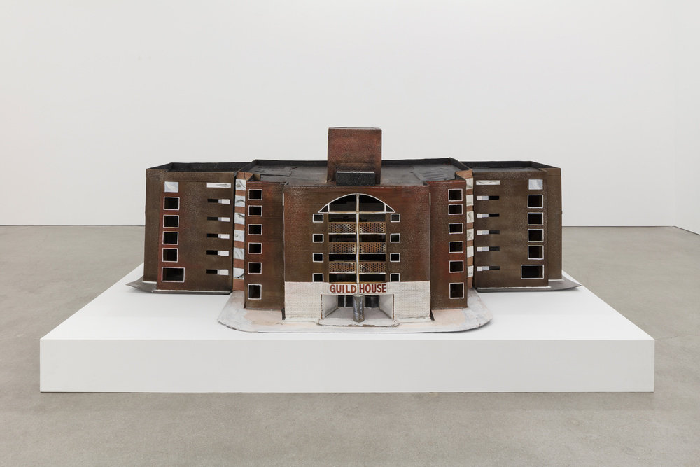 Smith, guild house (view 3), 2019, cardboard, foam board, gouache, oil paint and charcoal, 33 x 88 x 36 in., 83.8 x 223.5 x 91.4 cm pierre le hors