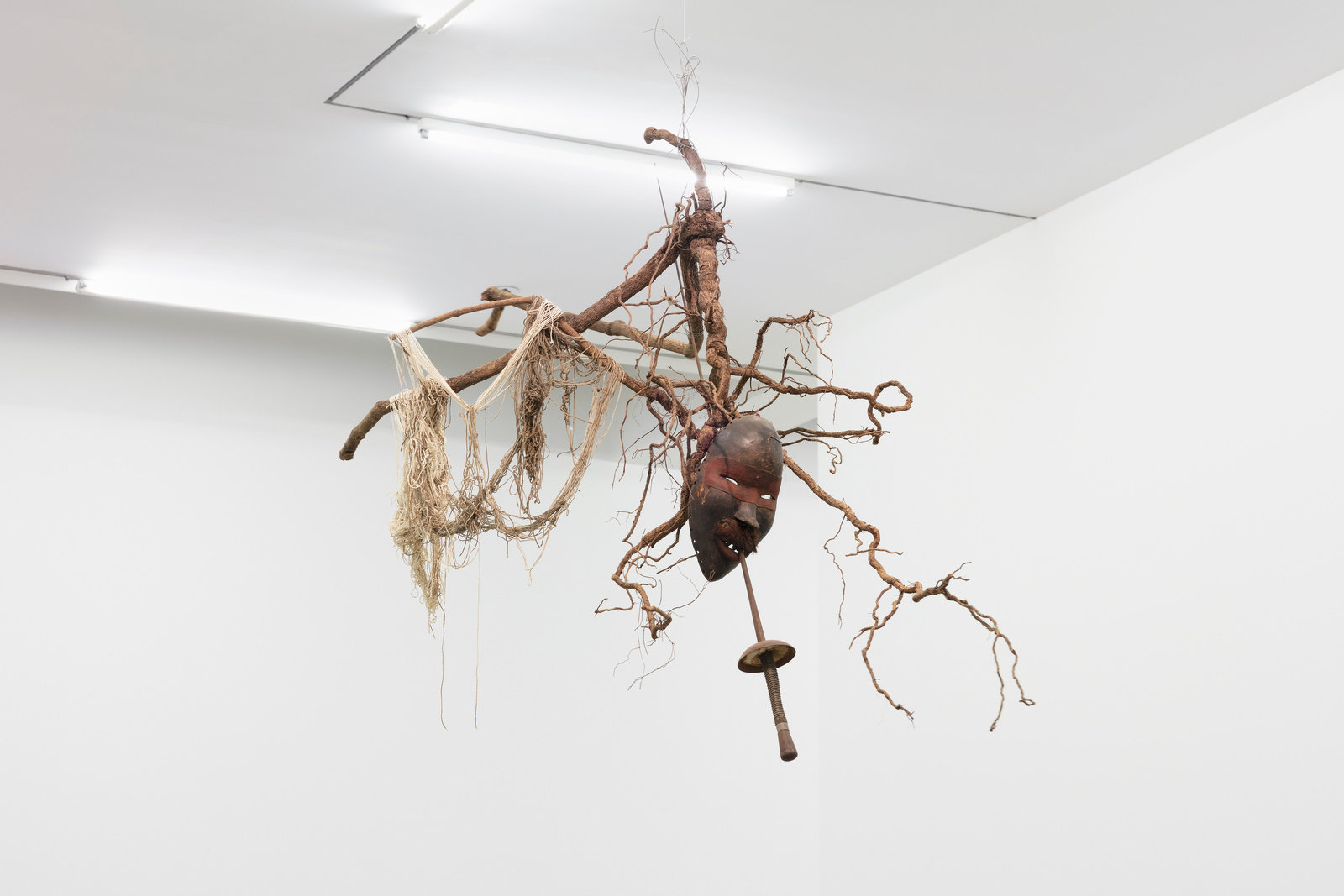 A sculpture by Lonnie Hollie composed of tree roots, an African mask, fencing foil, twine and wire. Suspended from a gallery ceiling, tree roots form an anthropomorphic like figure. An African mask hangs down from the primary root with the end of a fencing foil in its mouth.