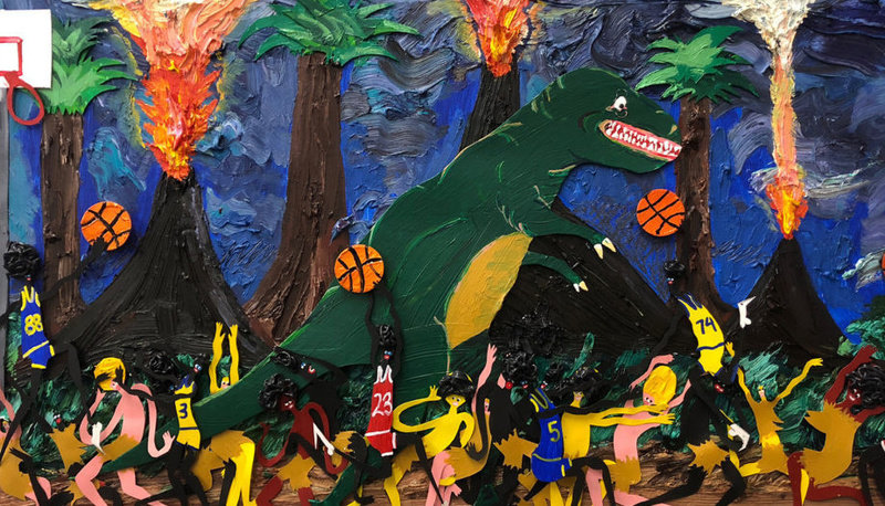 a dinosaur battles basketball players