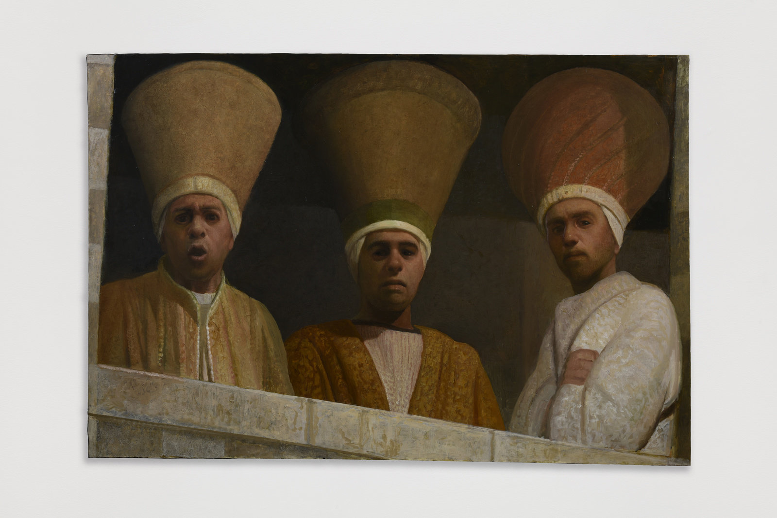 An oil on canvas painting by Vincent Desiderio of three men in ecclesiastic garb peering out from a window. The three men are depicted wearing large inverted cone headdresses rendered in white and clay hues.