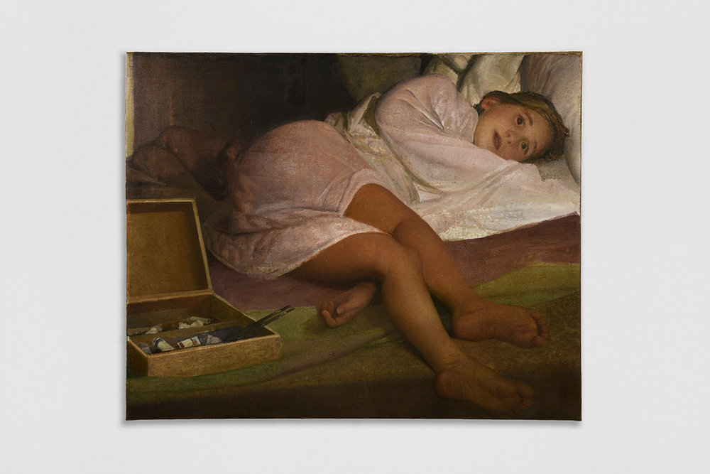 An oil on canvas painting by Vincent Desiderio that depicts a young child laying on blankets with their head on a pillow. The child's legs rest at a right angel from the hips and lay across the left arm while the right arm rests on the pillow beneath their chin. The child is white and wears a light pink robe. In the bottom left corner of the painting sits a wooden box filled with tubes of oil paints.