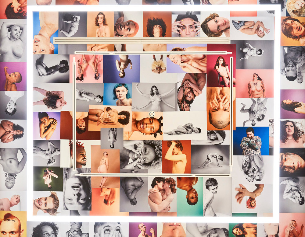 A detail of Ryan McGinley's "Yearbook Series," 2009-2019 installed on the entire ceiling of the gallery. 