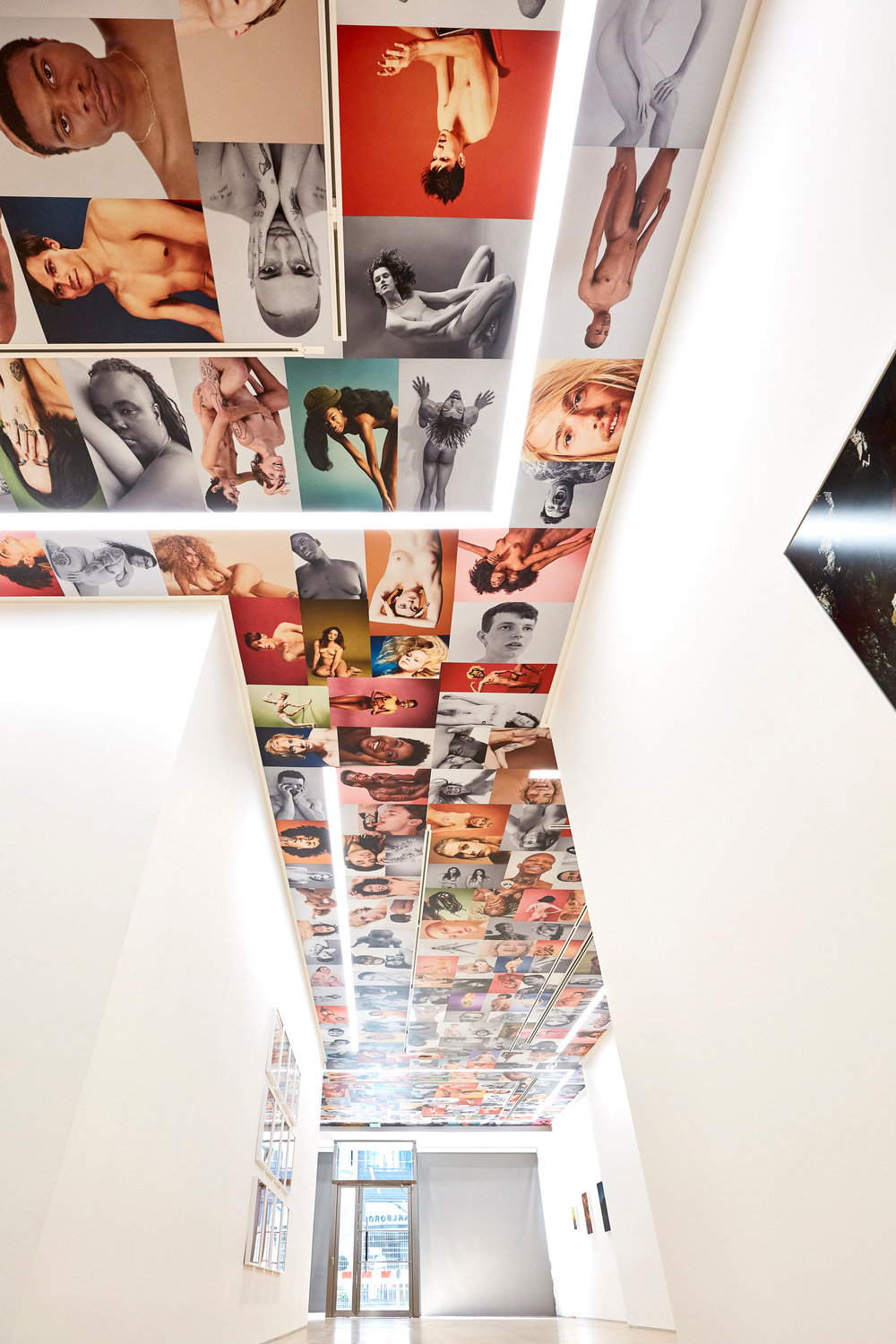 An installation view of Ryan McGinley photographs on the gallery walls and ceiling. 