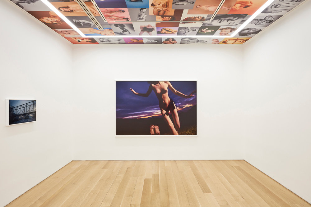 An installation view of Ryan McGinley photographs on the gallery walls and ceiling. 