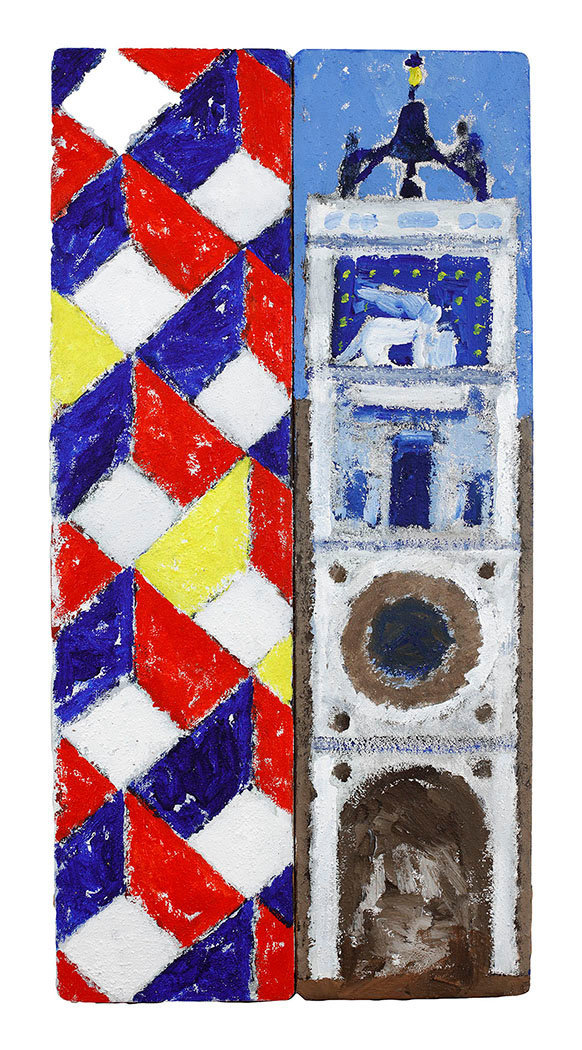 A vibrant diptych acrylic on canvas, in typical The Stones of Venice Tilson style, the left panel is a bright saturated geometric pattern with its neighboring panel a delicately painted depiction of Venice architecture after its name. 