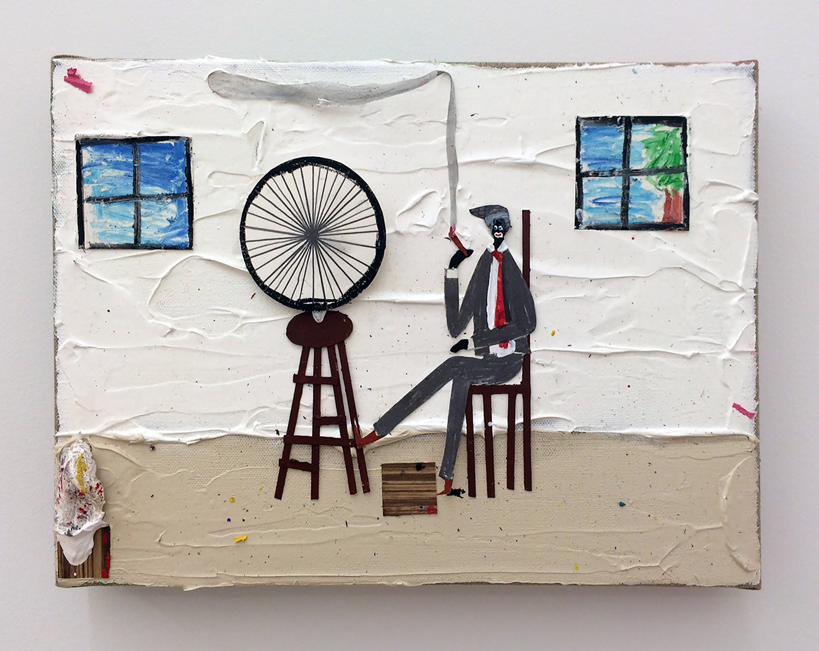 Strother, a black marcel duchamp in nigga with a wheel, 2014, mixed media on linen, 10 x 14 in. 25.4 x 35.56 cm cnon 54.957
